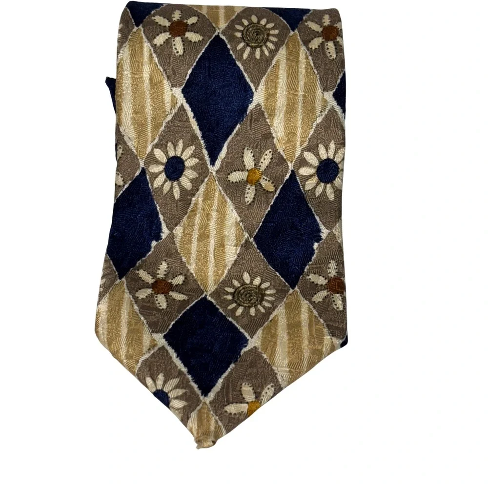 Ermenegildo Zegna Esclusivo Mens 100% Silk Tie Blue Brown Floral Diamond Pattern